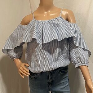 Everly Blue and White Striped Cold-Shoulder Ruffle Blouse